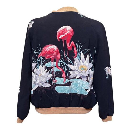 Vtg California 4-U Flamingo Print Bomber Jacket Cotton Boho Indie Retro Sz Small - Picture 3 of 8